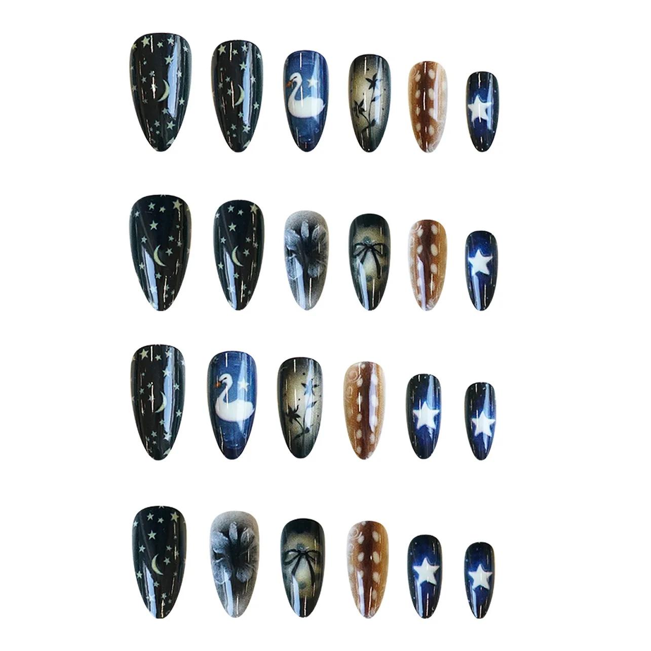Faux ongles Style étoile lune, 24 pièces, nœuds papillon en forme de cygne blanc, motif floral impri