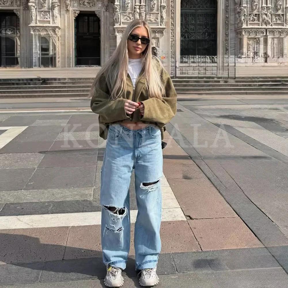 KONDALA 2026 Printemps-Été – Pantalon en jean élégant pour femme, coupe large, déchiré, idéal pour l