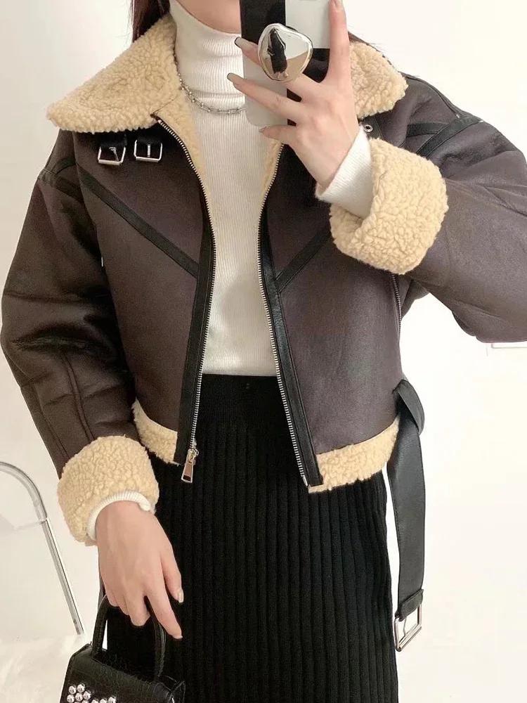 Ailegogo hiver femmes Streetwear fausse fourrure d'agneau veste courte avec ceinture Moto Biker épai