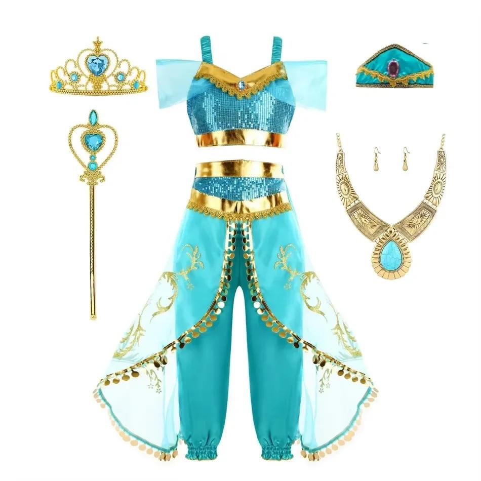 Costume de Princesse Jasmine Aladdin pour Fille de 4, 5, 6, 7, 8, 9 et 10 Ans, Tenue de Cosplay Arab