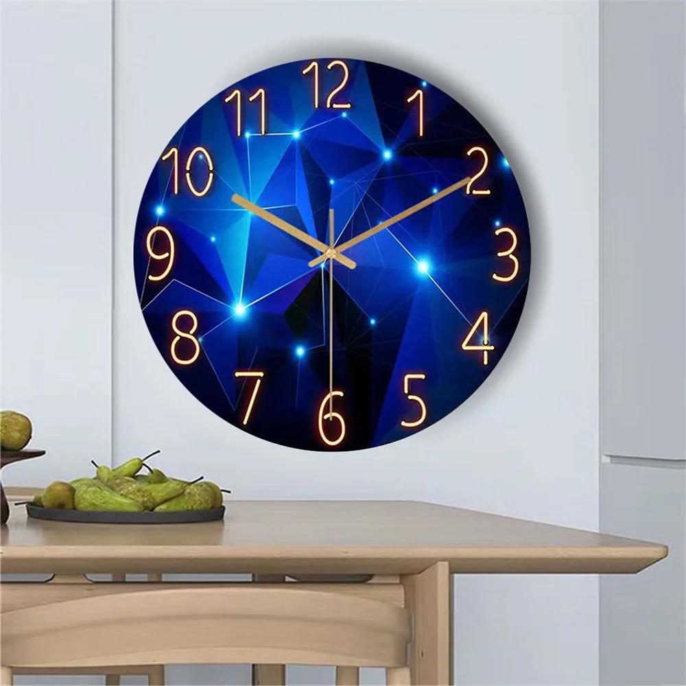Horloge murale 12 pouces, éléments géométriques, bleu foncé, verre trempé épais, mouvement silencieu