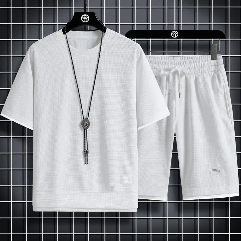 Ensemble de sport d'été pour hommes, T-Shirt + Short décontracté, couleur unie gaufrée, Short à manc