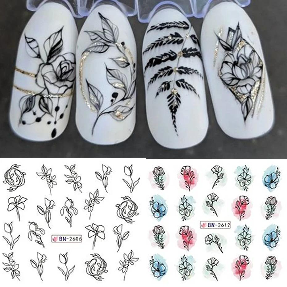 Autocollant de fleurs d'encre pour Nail Art, 12 pièces, décalcomanie d'eau d'été, fleurs en fleurs,