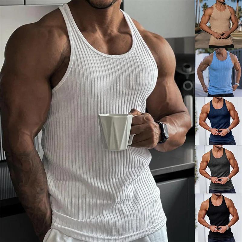 Débardeur Homme Fitness 2025 Été Rayure - Maillot de Corps Musculation Sport Sans Manches