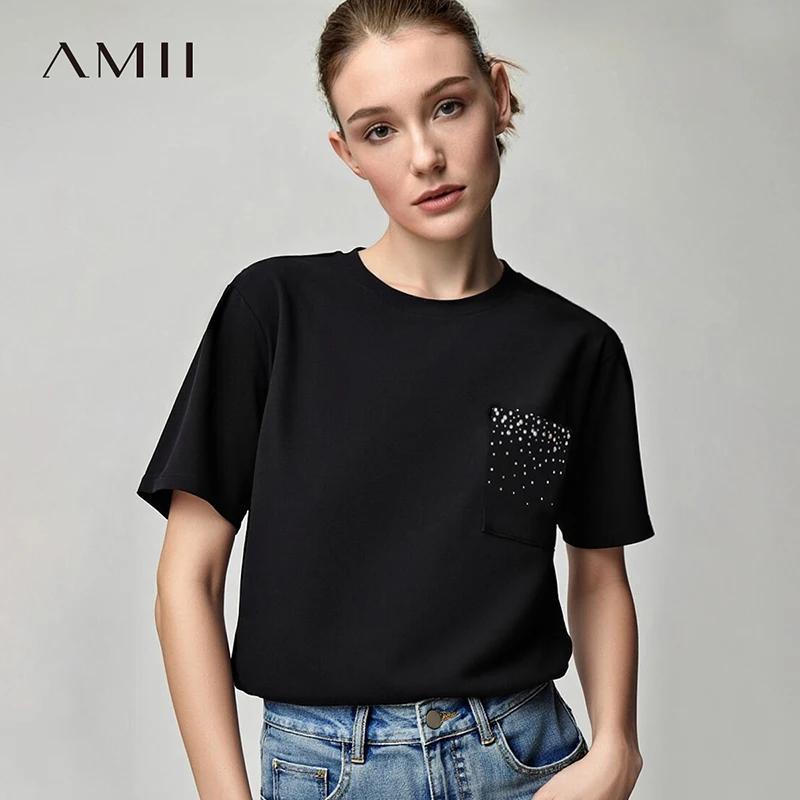 T-shirt Amii pour femme, nouvelle collection été 2026, col rond, en coton extensible, avec poche orn