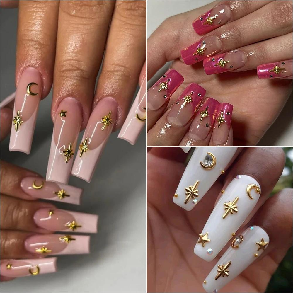Breloques étoiles métalliques 3D pour Nail Art, 12 grilles, or/argent, Starlight, croix, Rivets, déc