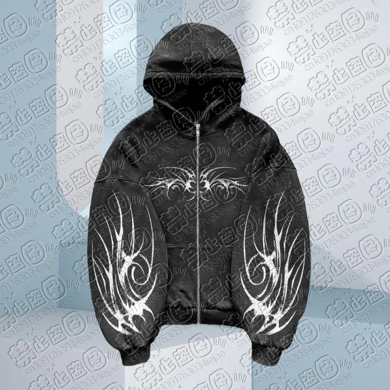 Sweat à capuche Hip Hop pour hommes, fermeture éclair, noir, gris, motif imprimé foncé 3D, gothique,