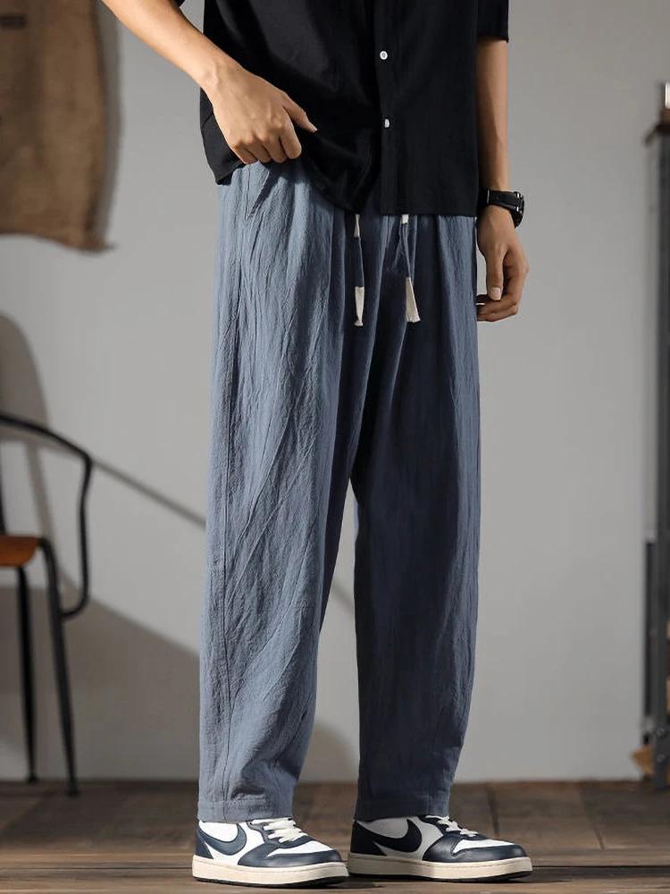 ENESE − Pantalon en coton et lin pour hommes, survêtement, coupe droite, décontracté, à jambes large