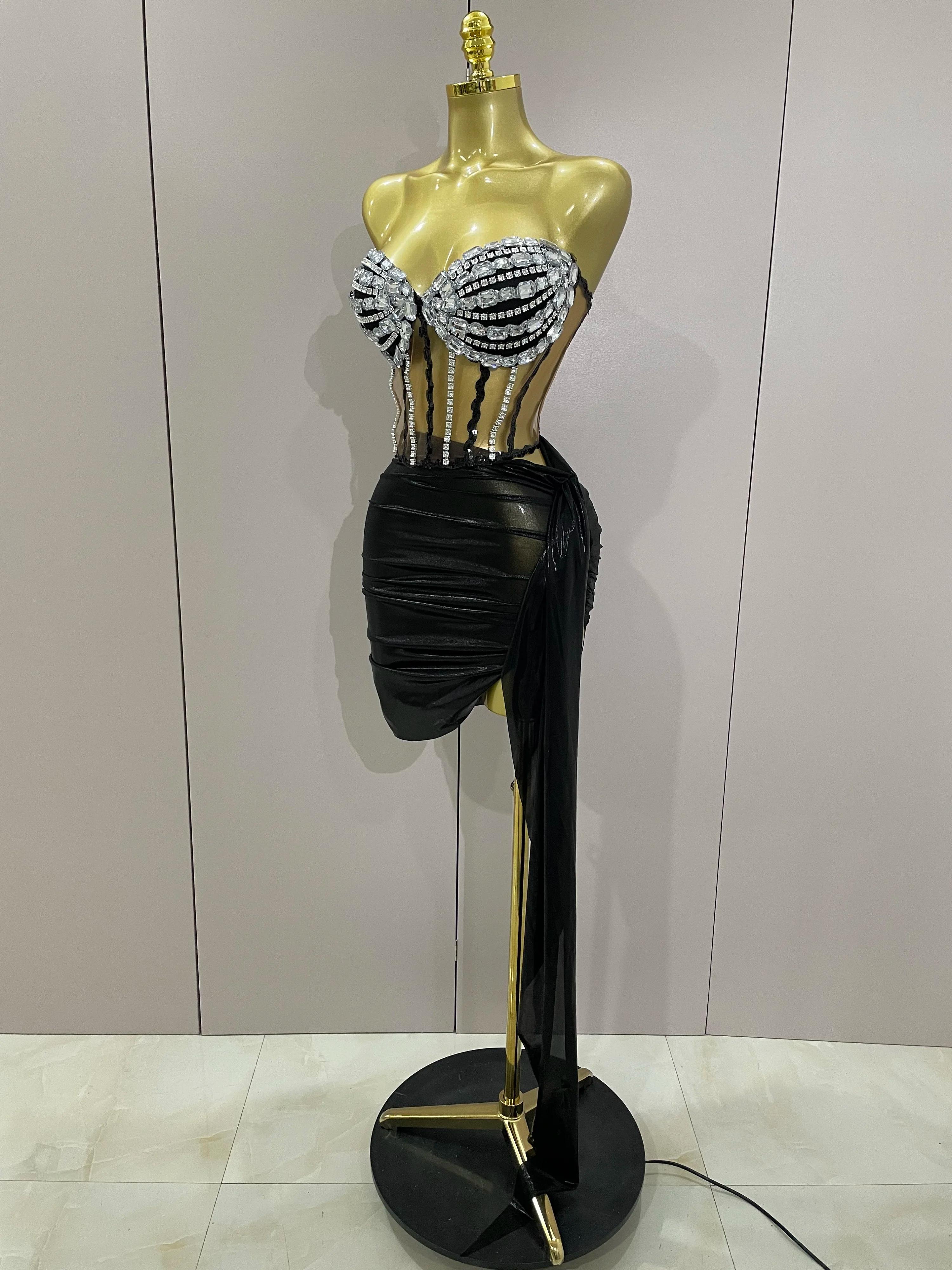 Sexy brillant strass paillettes 2 pièces haut jupe ensemble 2025 femmes célébrité soirée scène disco