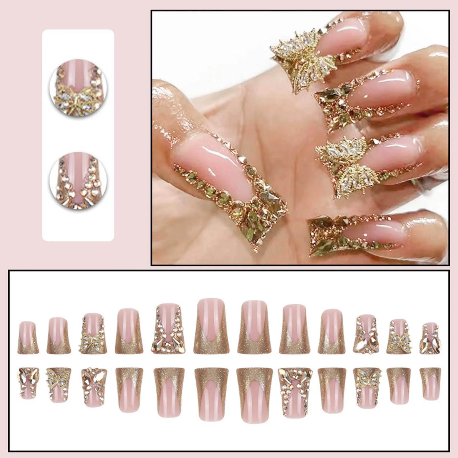 24 pièces lumière luxe presse sur ongles brillant or Style français bec de canard faux ongles plein