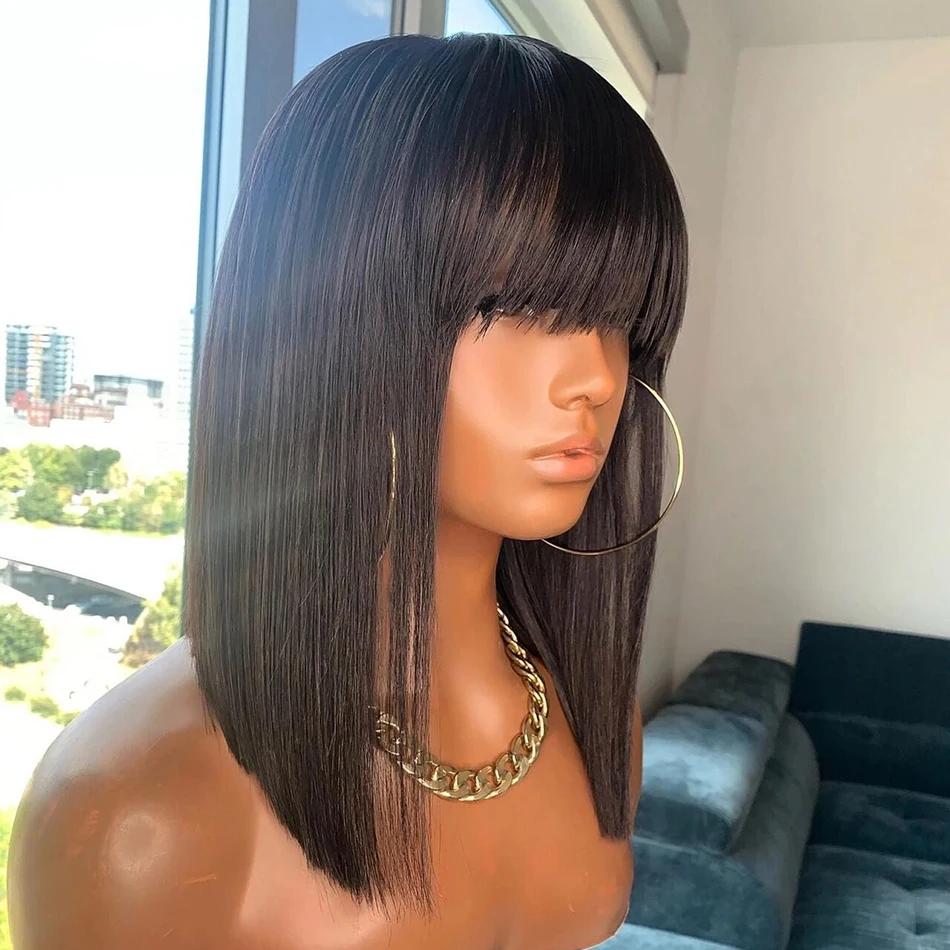 WiggKnitting-Perruque Bob Lace Wig avec Frange, Cheveux Naturels Lisses, Faite à la Machine, Partie