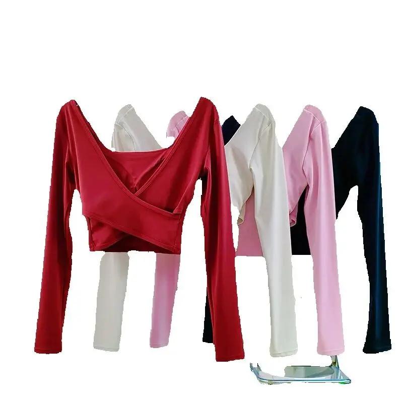 T-shirt de sport à manches longues pour femmes, Sexy, court, dos nu, coussin de poitrine fixe, serré