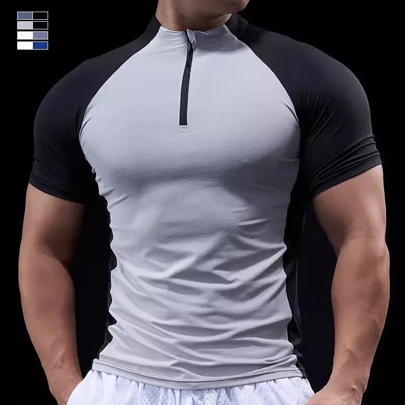 Hommes Compression course fermeture éclair polo t-shirt Fitness serré Sport t-shirt formation Joggin