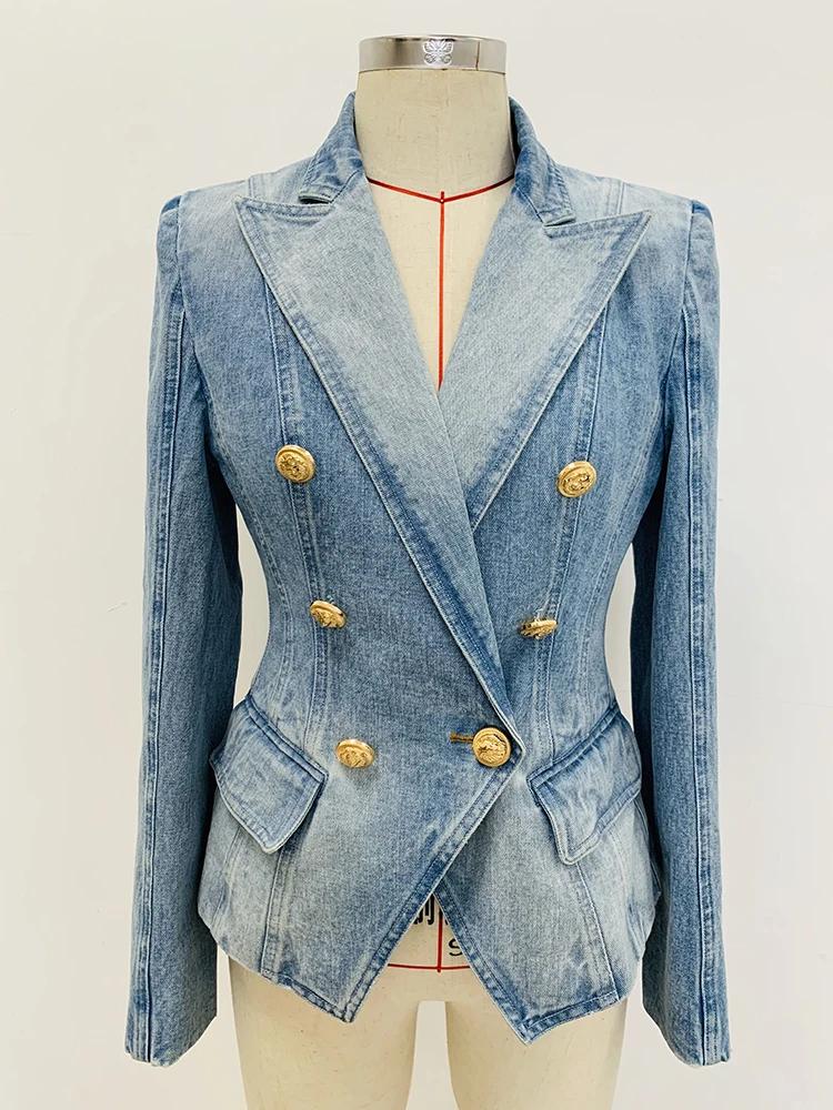 HIGH STREET Nouveauté 2026 Blazer en jean pour femme, coupe ajustée, croisé, avec boutons motif lion