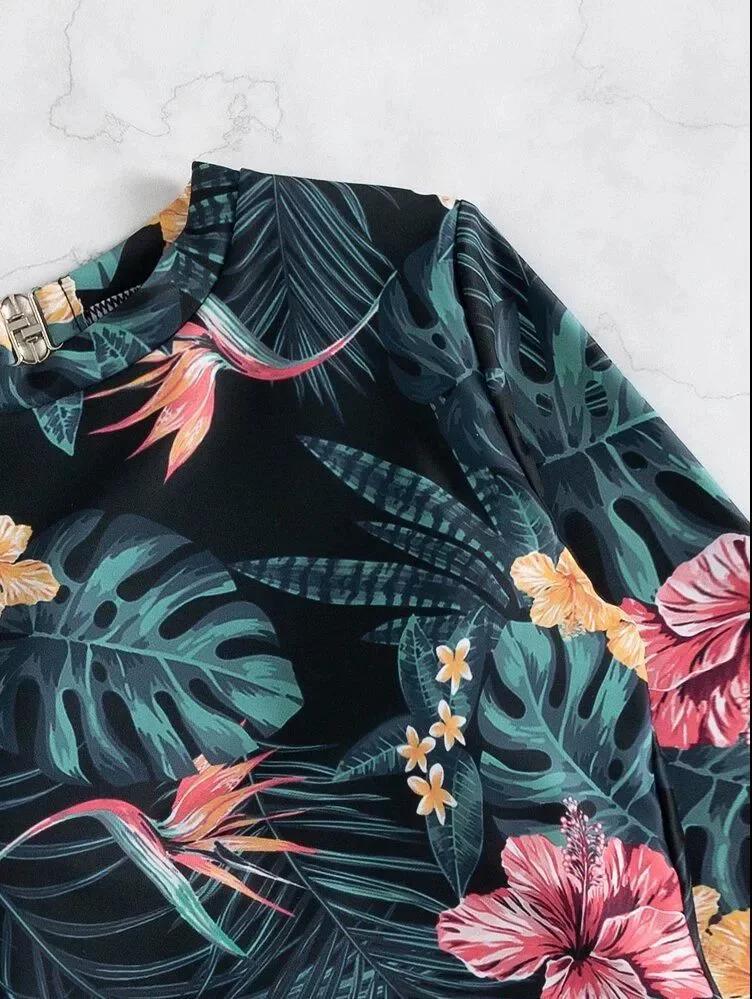 Maillot de bain une pièce à col haut, dos nu, à la mode, manches longues, adapté à la plage et à la