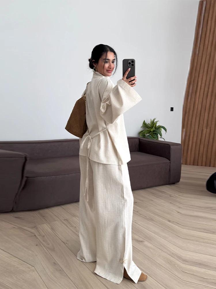 Ensemble 2 pièces mode femme en lin : haut ample à manches longues avec boutons grenouille et lacets