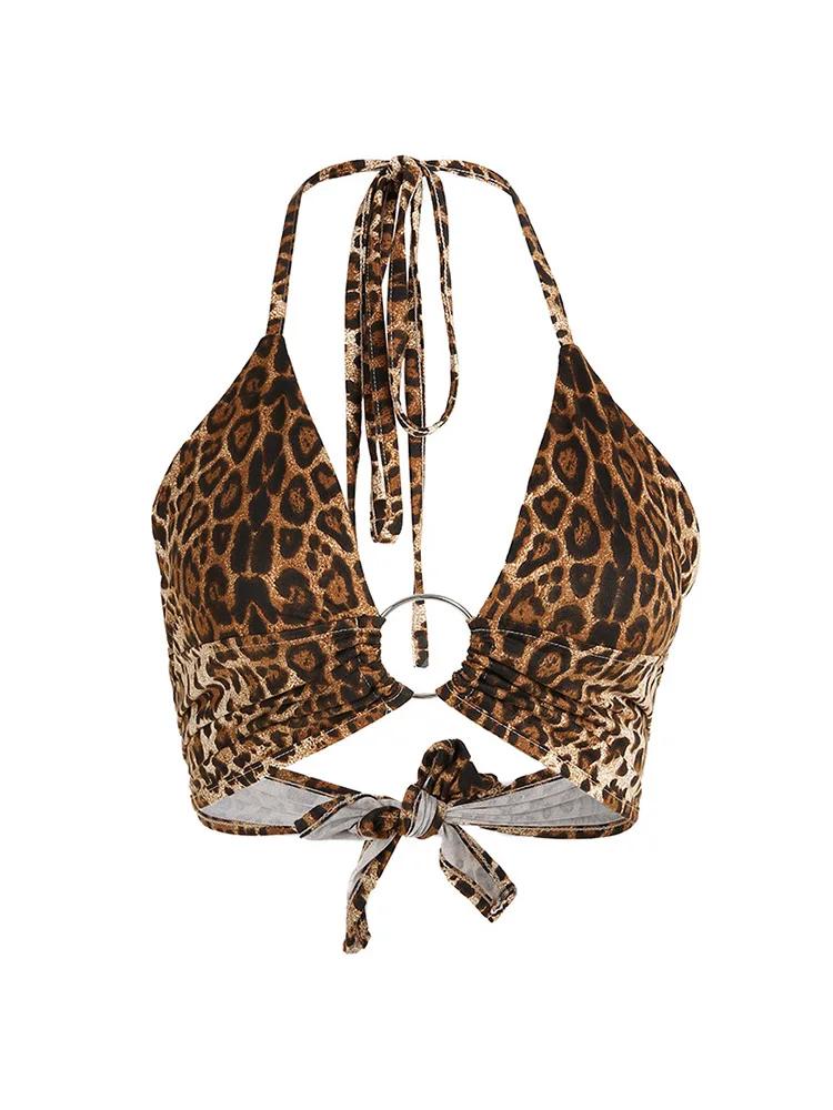 Haut court imprimé léopard pour femmes, dos nu, Bandage, lacets, paillettes, anneau en métal, détail
