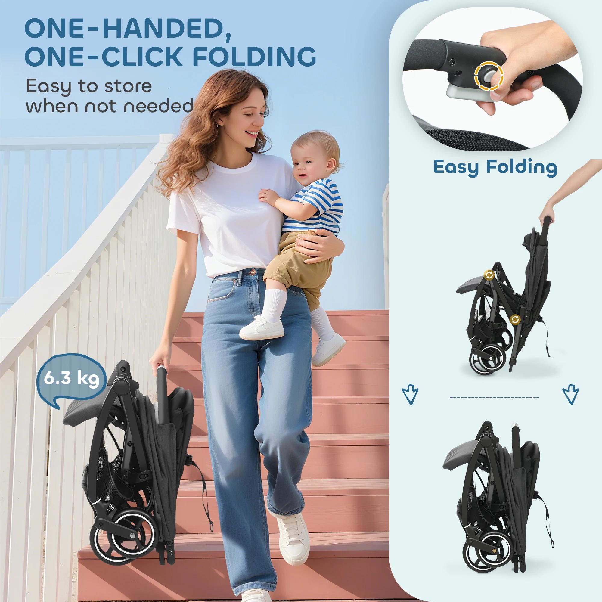 Poussette pliable pour bébé avec dossier inclinable, repose-pieds réglable, capote, panier, harnais,