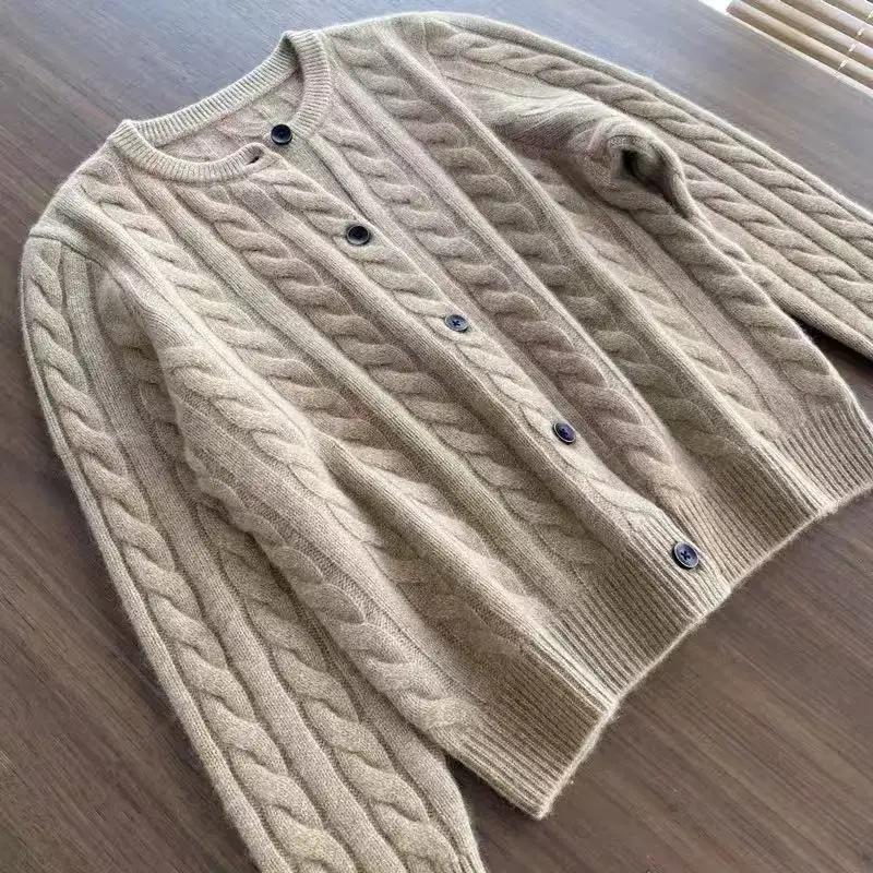 WinvyNee femmes laine mérinos Cardigans pull solide col rond torsion décontracté tricoté hauts hiver