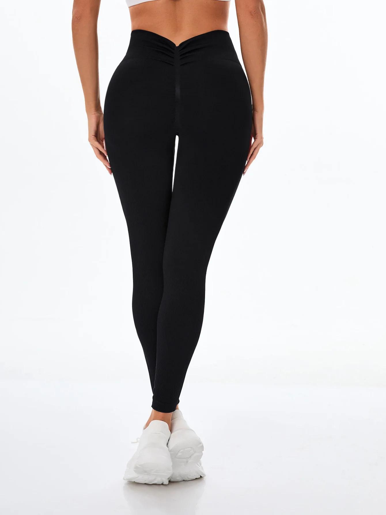 Pantalon de Yoga sans couture, couleur unie, dos en V, taille haute, tricoté côtelé, haute élasticit