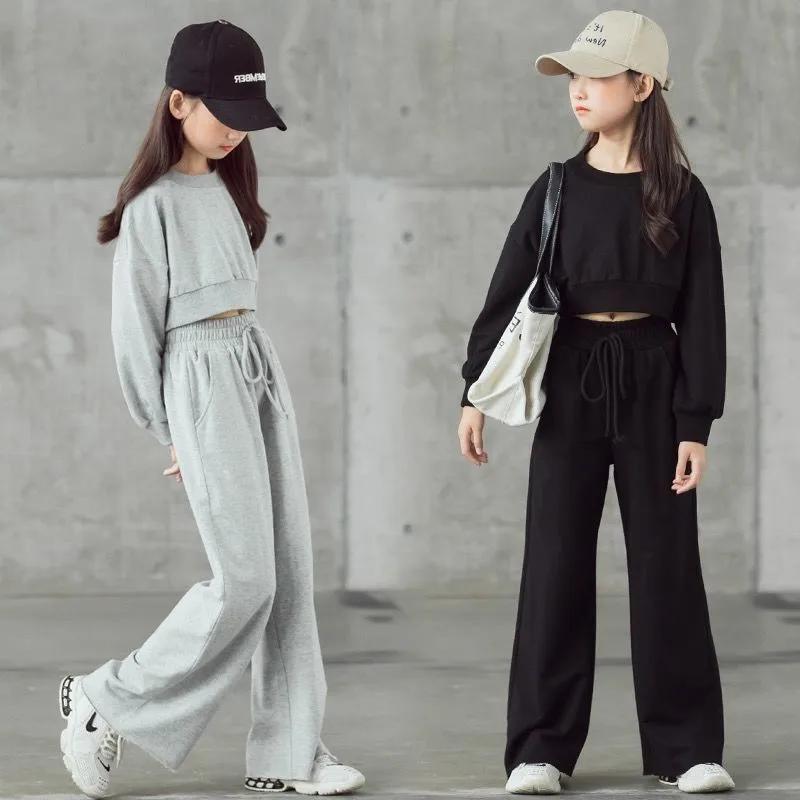 Ensemble de couleur unie pour filles, pull court à manches longues et pantalon, 2 pièces, nouvelle m