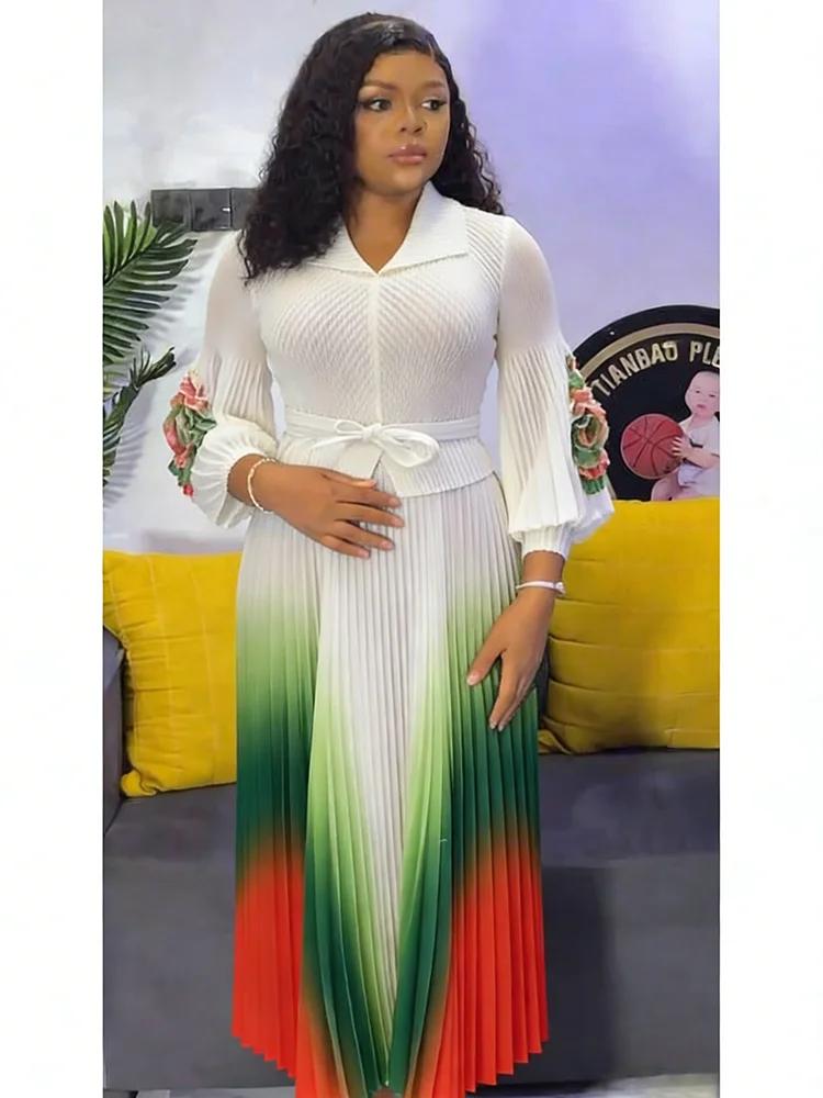 EGRM – robe Miyaki à revers, manches lanternes, ceinture, taille amincissante, dégradé plissé, jupe