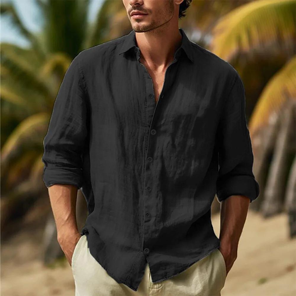 Chemises en coton et lin pour hommes, col rabattu, chemise hawaïenne solide, légère et respirante, c
