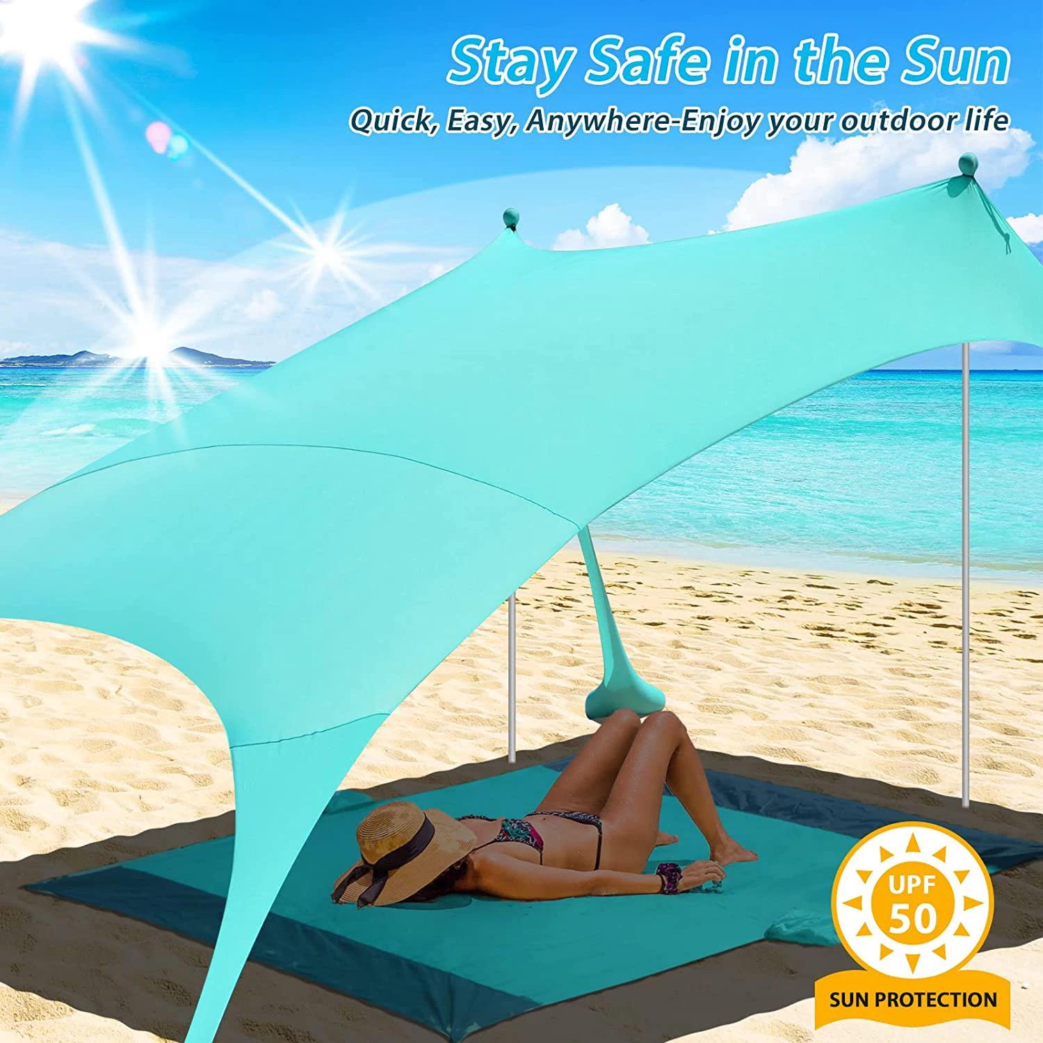 Auvent de plage familial ultraléger 2.1x1.6m - Tente pare-soleil portable UPF50+UV avec sac de sable