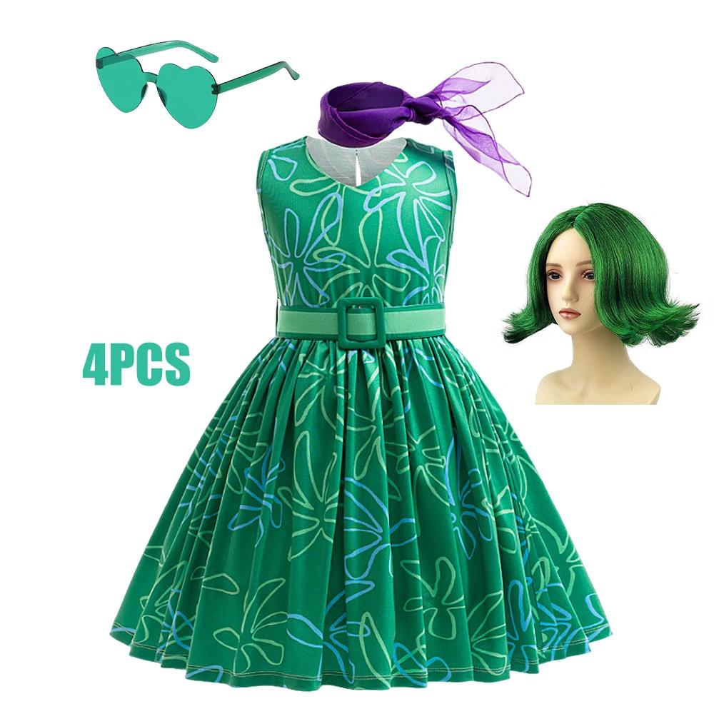 Robe verte imprimée complète pour enfants filles, 3 pièces, robe Cosplay + écharpe + ceinture, dégui