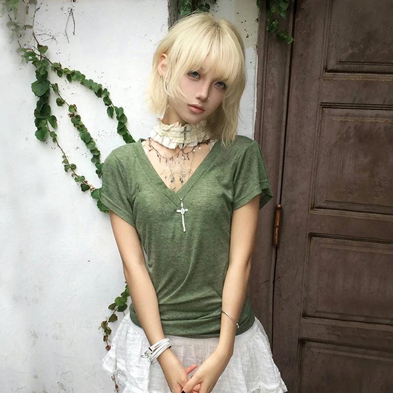 Karrram japonais Y2k vert tricoté T-shirt Trashy 2000s Style col en v haut Vintage Harajuku manches