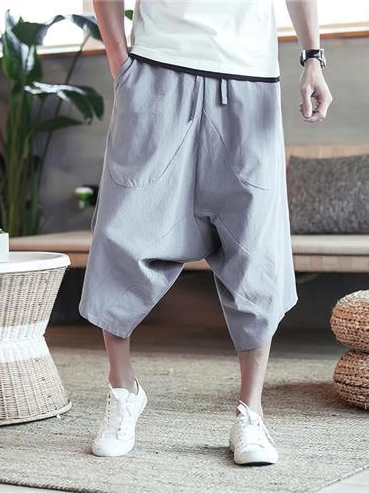 Été mince plage coton lin Shorts décontracté és hommes japonais jambe large Baggy Capris pantalon mâ
