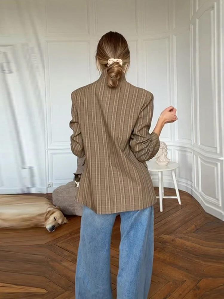 Blazer à carreaux pour femme, col montant, manches longues, bouton unique, poches, veste de bureau d