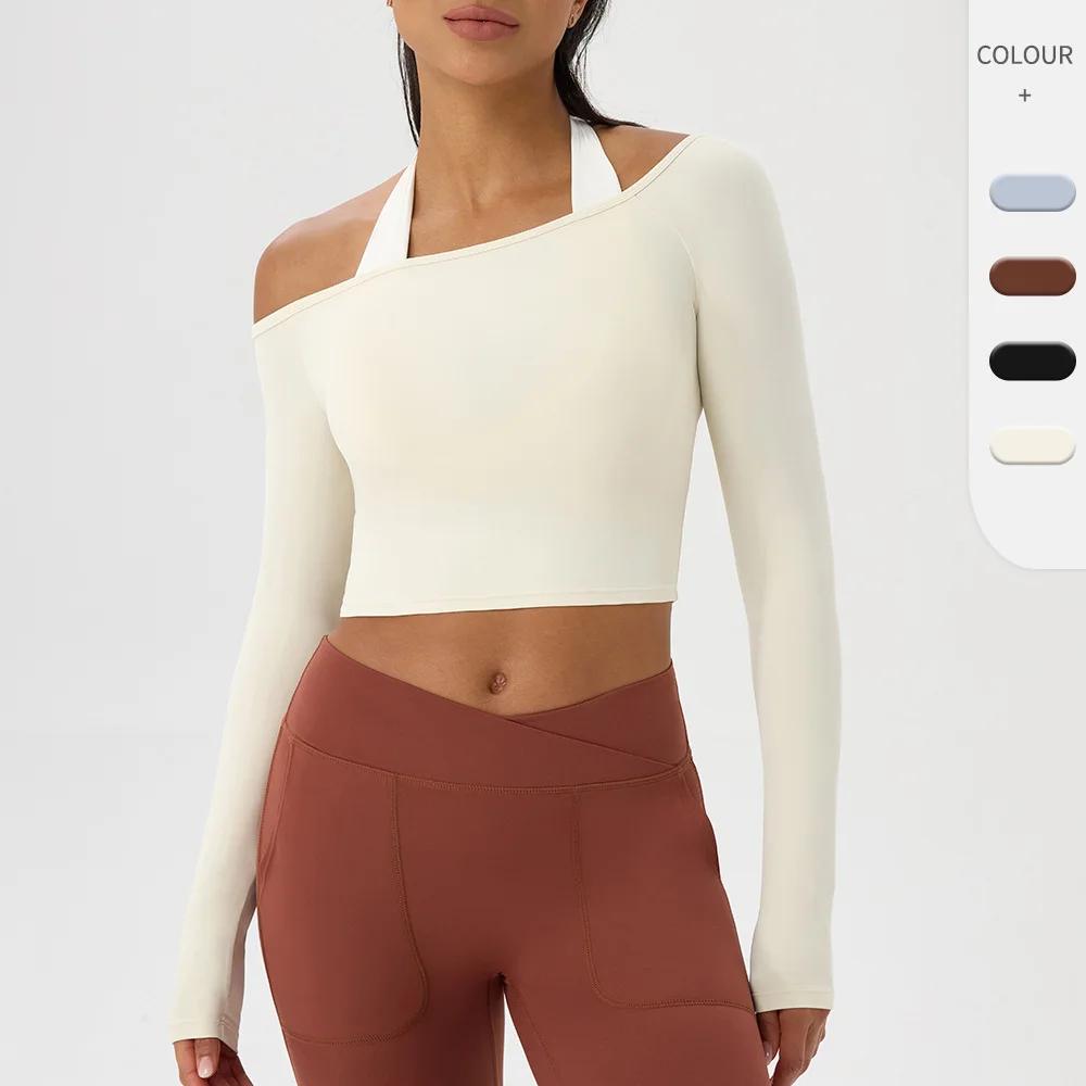 T-shirt de Yoga à manches longues pour femmes, asymétrique épaule dénudée, sexy, serré, vêtements de
