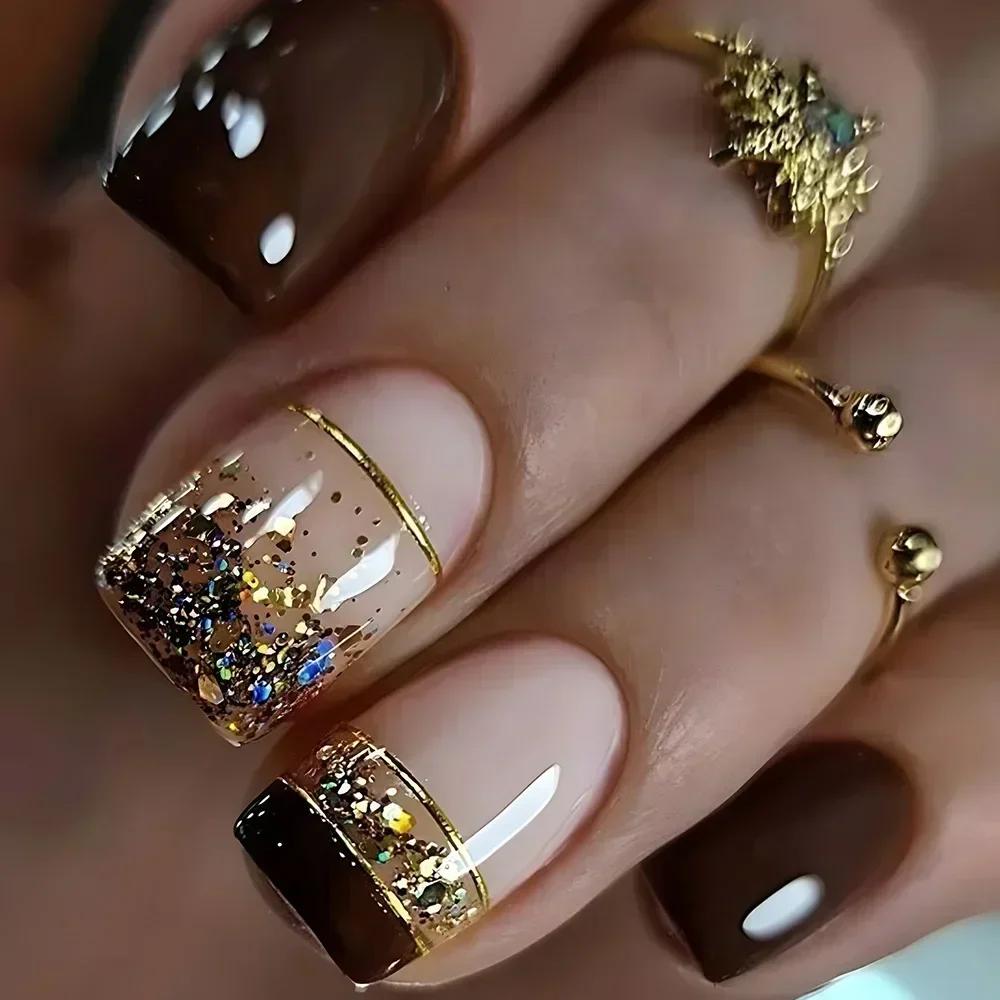 Faux ongles à pression carrée courte, fleur de Jade, poudre scintillante, avec colle, dégradé vert,