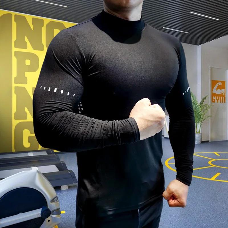 T-shirt compression col haut pour hommes - Haut élastique respirant pour sport et fitness