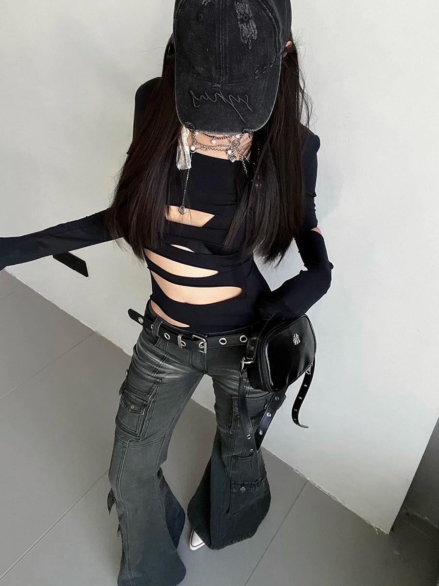 REDDACHiC Acubi mode noir Flare jean rétro moustaches maigre Stretch taille basse poches Cargo panta