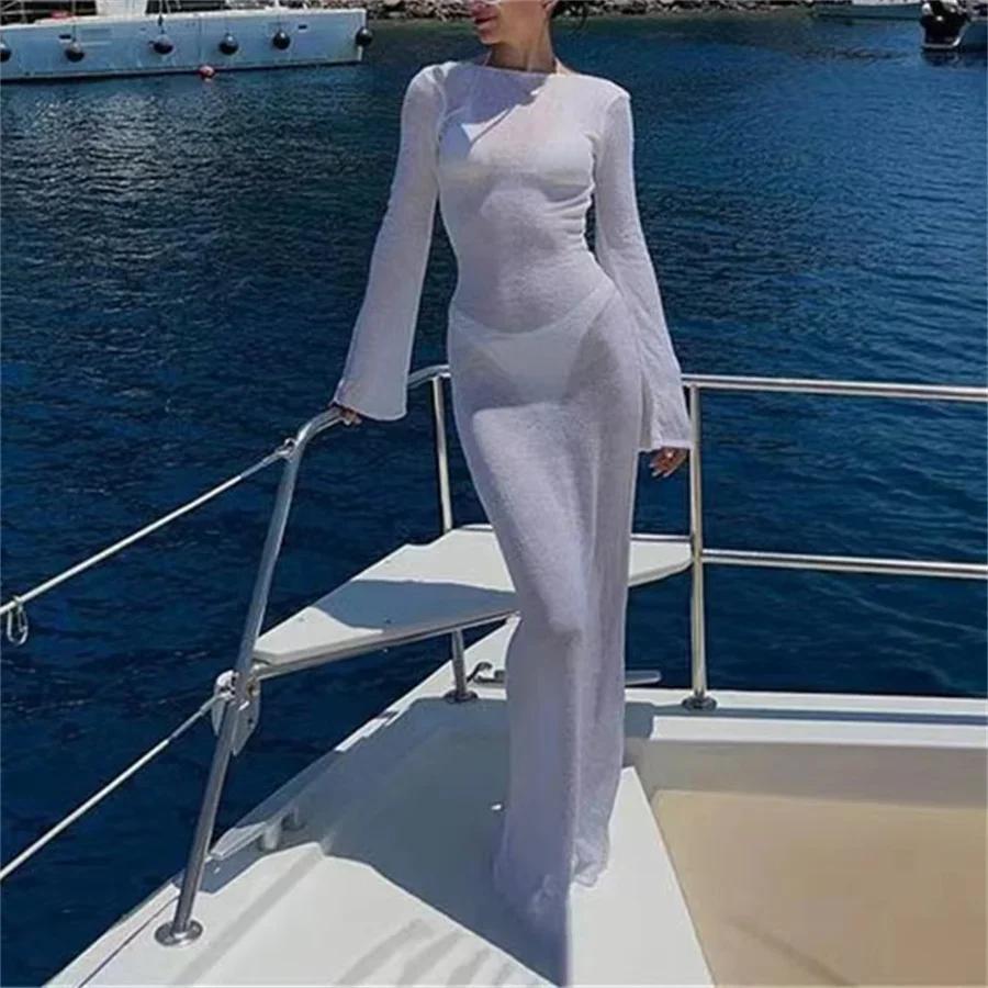 Robe enveloppée en maille pour femmes, manches longues, col rond, transparente, protection solaire,