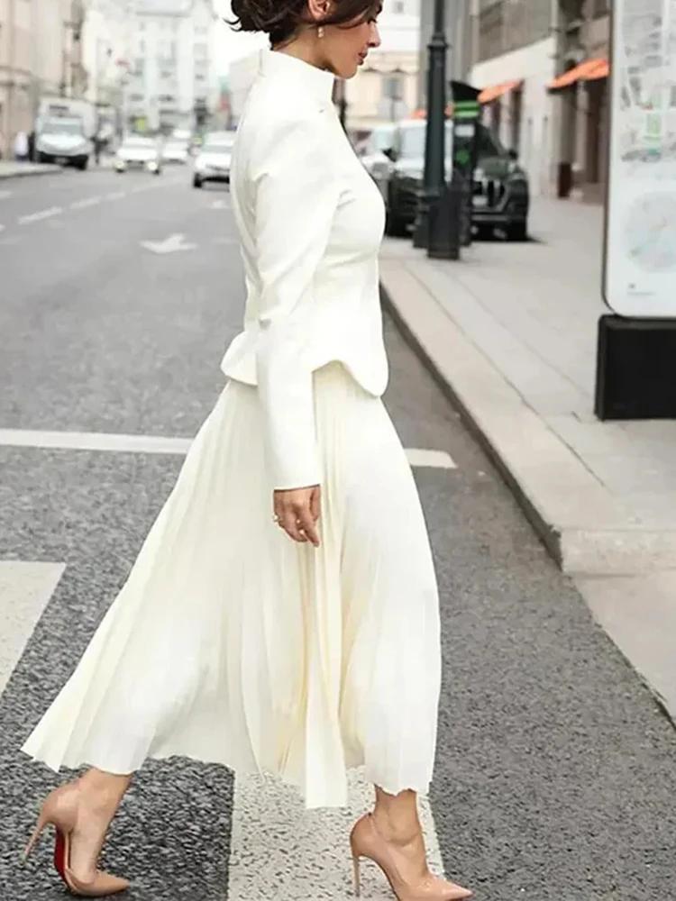 TWOTWurea YLE-Ensemble deux pièces pour femme, jupe taille haute, col montant, manches longues, bout