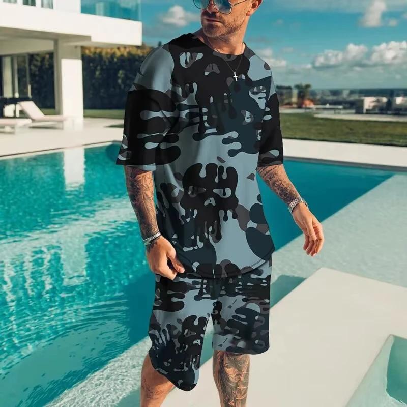 Vêtements de sport pour hommes à la mode été plage à manches courtes chemise imprimée en 3D ensemble