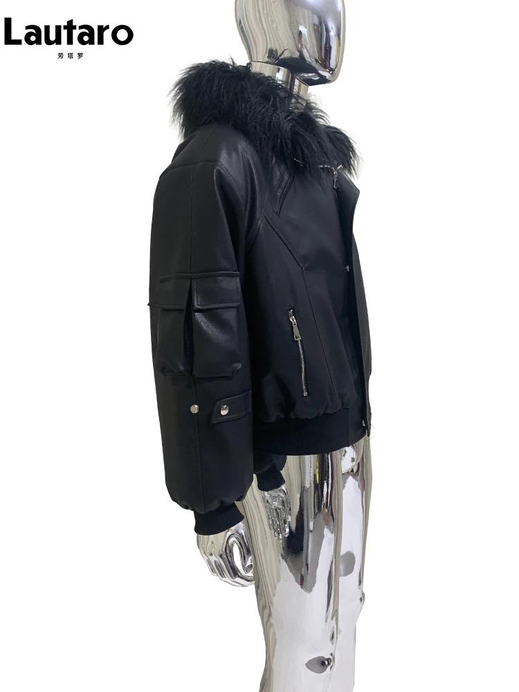 Mauroicardi automne hiver court surdimensionné noir chaud veste en cuir Pu hommes avec fausse fourru