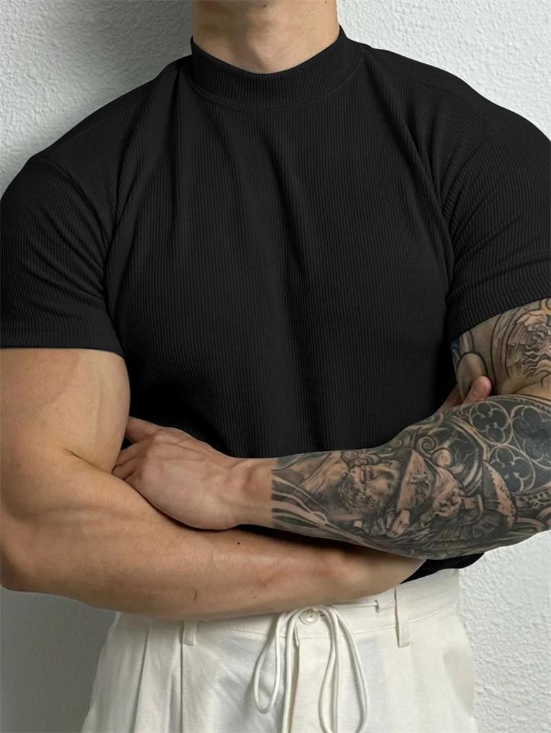 Printemps été mode hommes T-shirt petit col haut chemise à rayures à manches courtes haut de fitness