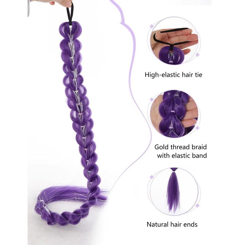 Queue de cheval synthétique tressée violette de 32 pouces avec paillettes, extensions super brillant