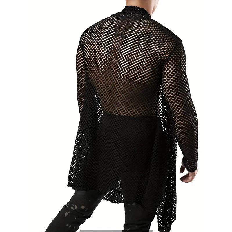 Hommes Sexy évider Long Cardigan grille chemises Streetwear mode Perspective à manches longues coule