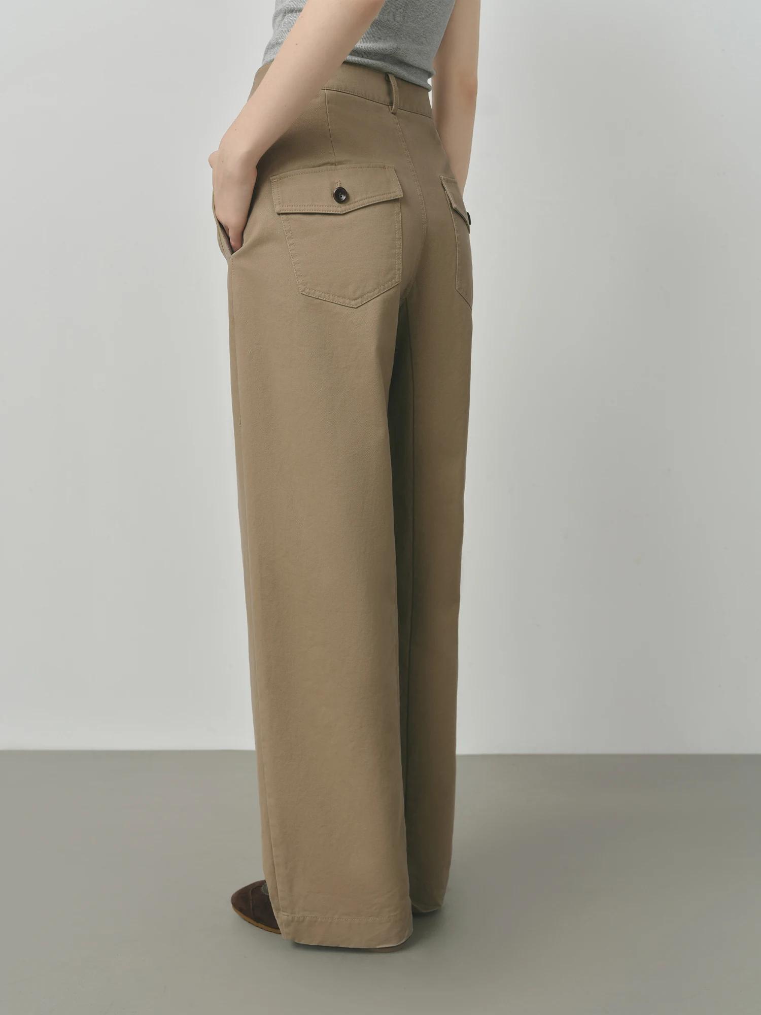FSLE 2025 Pantalon kaki pour femme - Pantalon en coton à jambe droite Coupe décontractée d'automne S