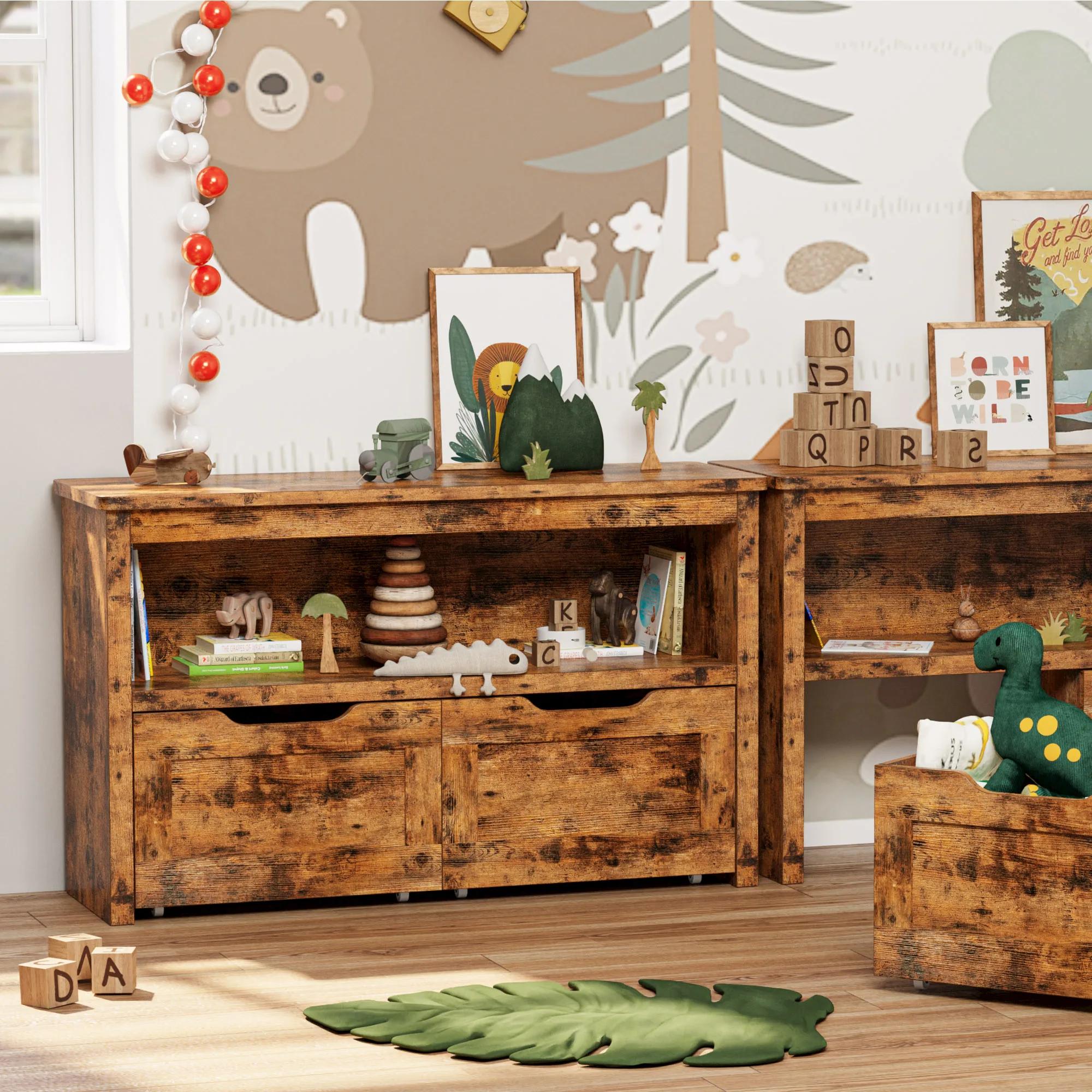 IlearCK-rangement de jouets pour garçons et filles, avec égouts de proximité, roues et étagère ouver