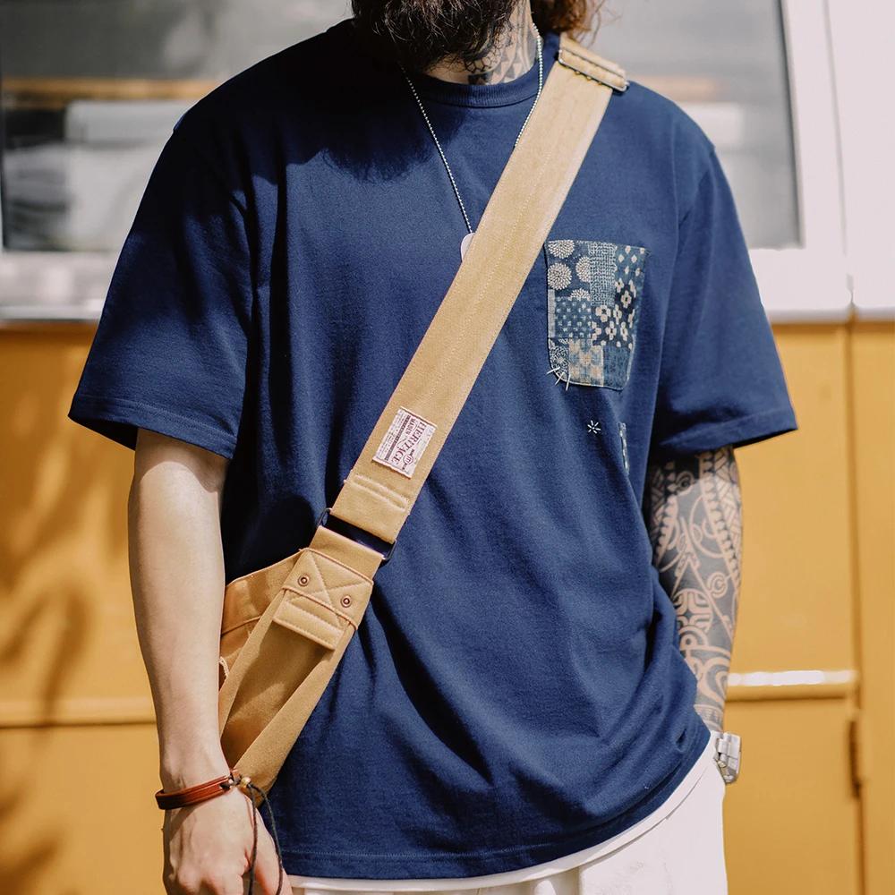 T-shirt à manches courtes en coton bleu teinté rétro Maden, tissu ancien, poche, col rond, haut pour
