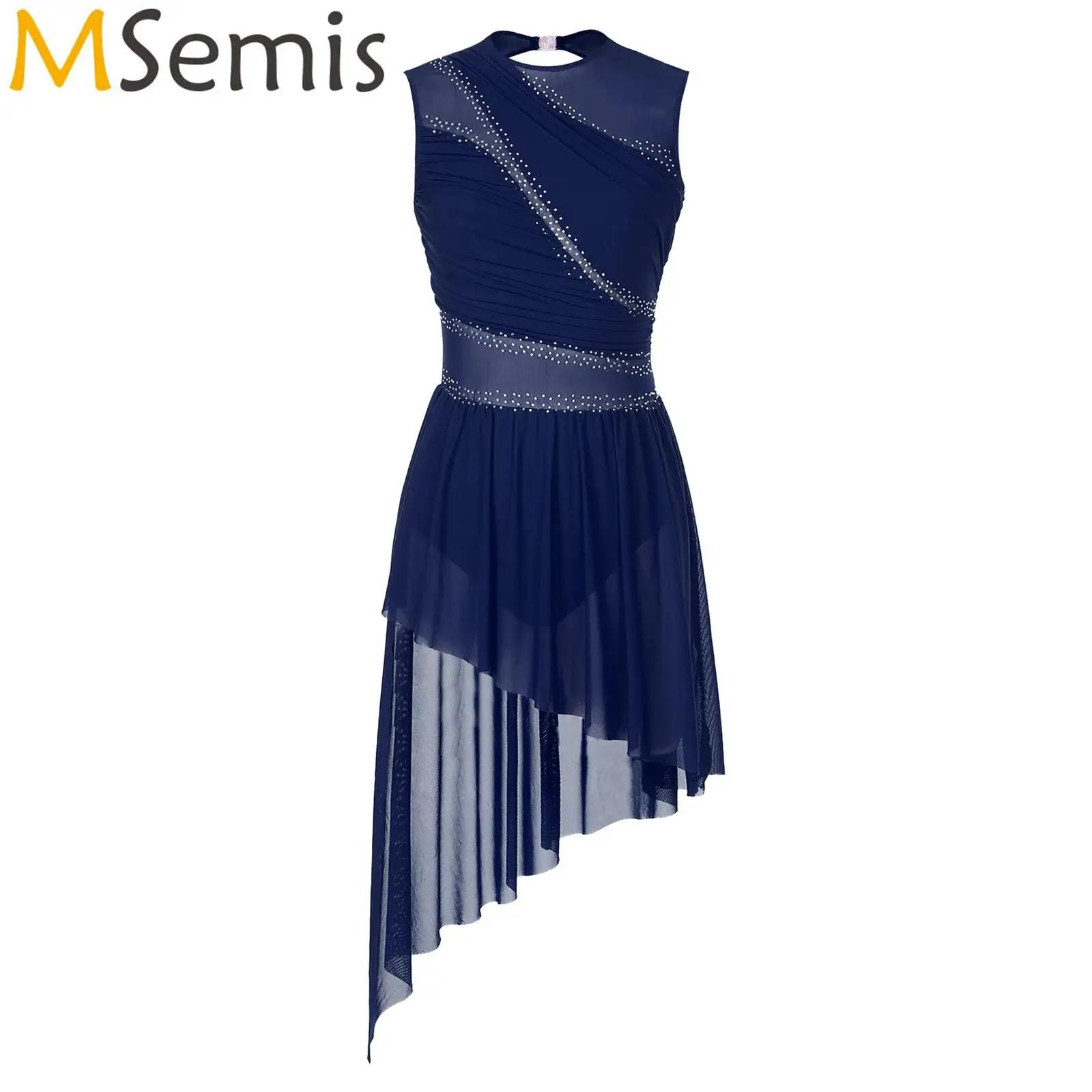 Femmes brillant strass robe de patinage artistique justaucorps de gymnastique Costume maille transpa