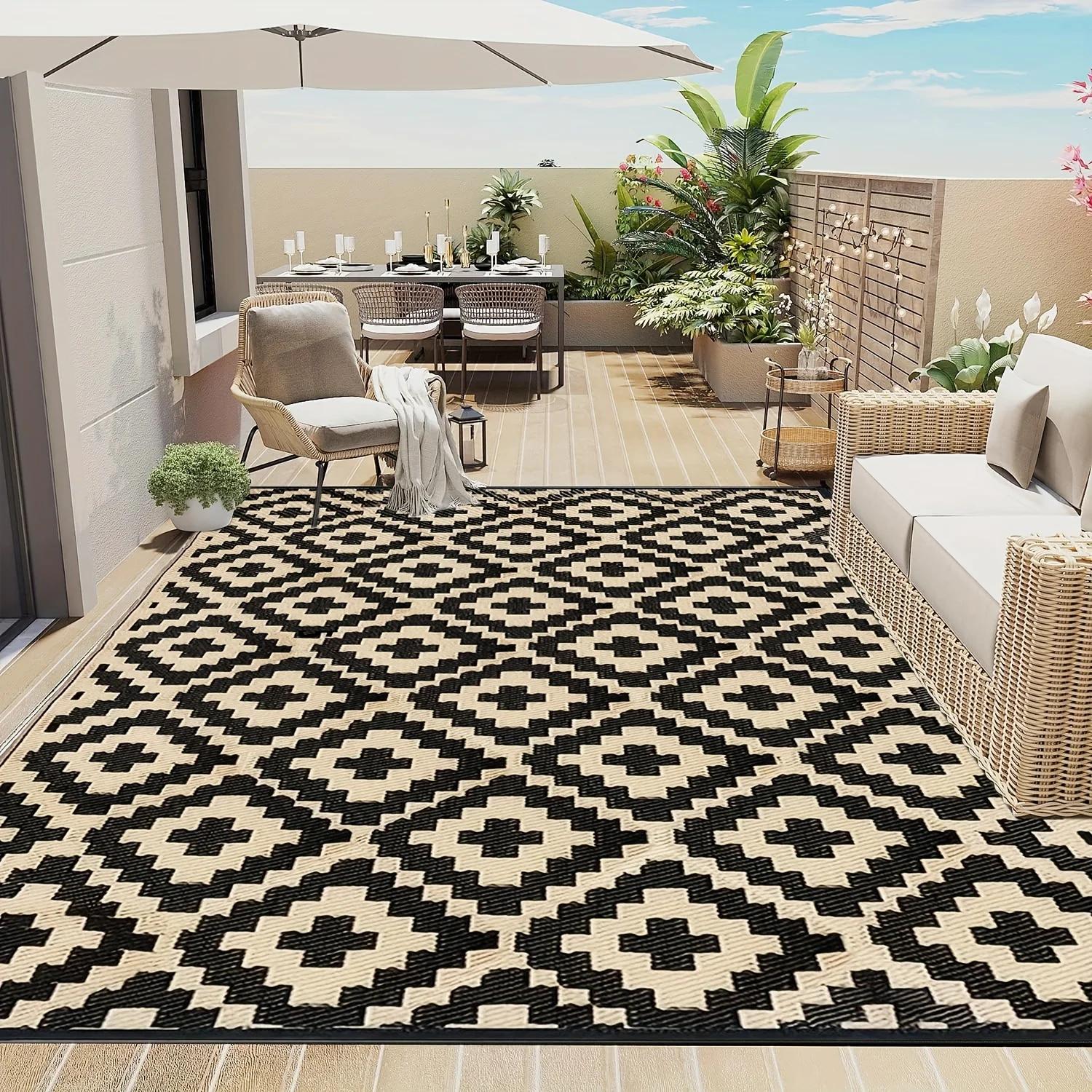Tapis de plage style bohème, imperméable et réversible, pour patio extérieur, balcon, terrasse, camp