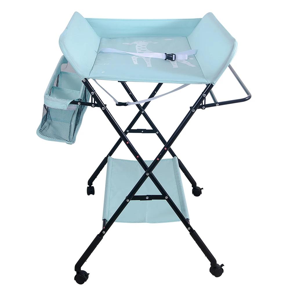 Table à Langer Pliable, Plan à Langer avec Panier Latéral et Roulettes Verrouillables, Meuble pour B