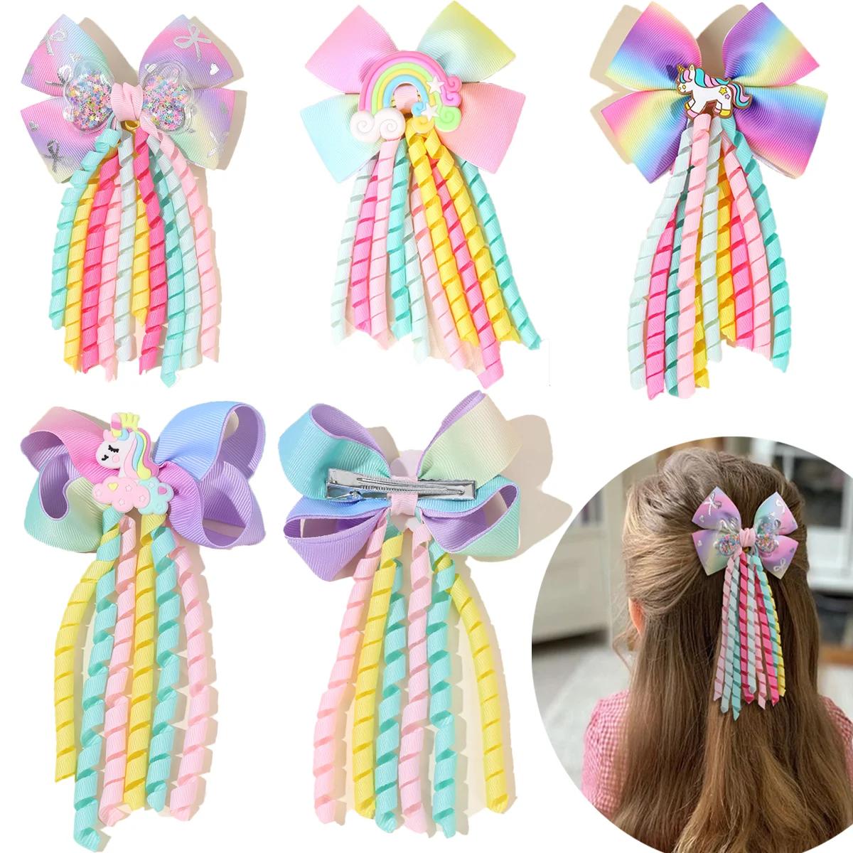 Pinces à cheveux licorne douces pour filles, Barrette à nœud, ruban à pampilles mignon, épingles à c